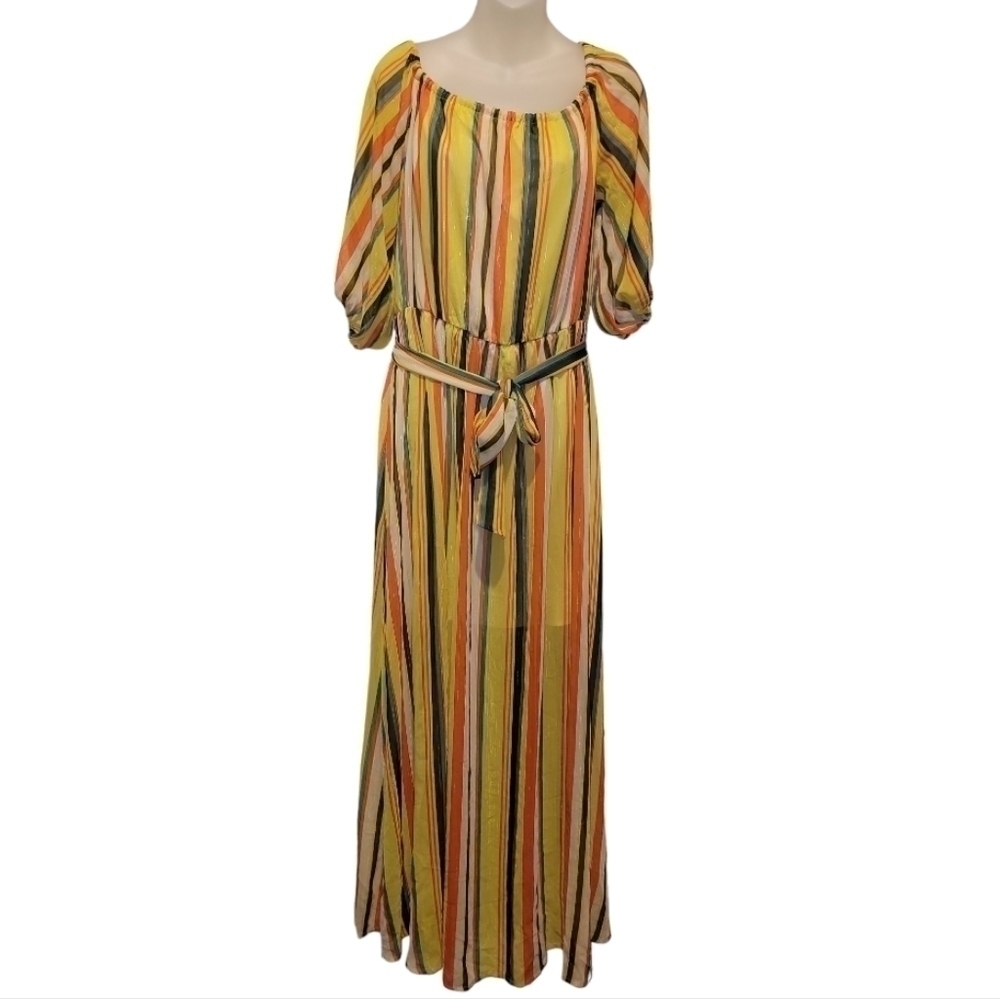 Eva Mendes for New York & Co; Multi Striped Tie Waist Off  Shoulder Maxi, Sz L